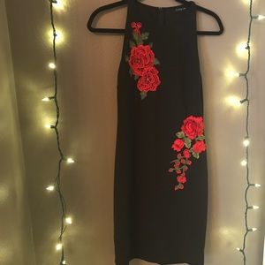 Black BodyCon Mini Cocktail Dress w/Roses